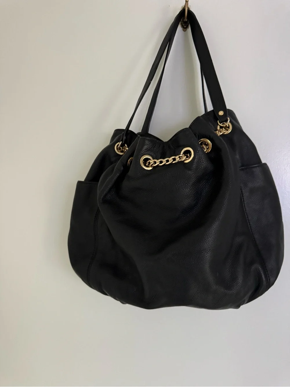 Michael Kors Black Leather Satchel with Gold-Tone MK Charm